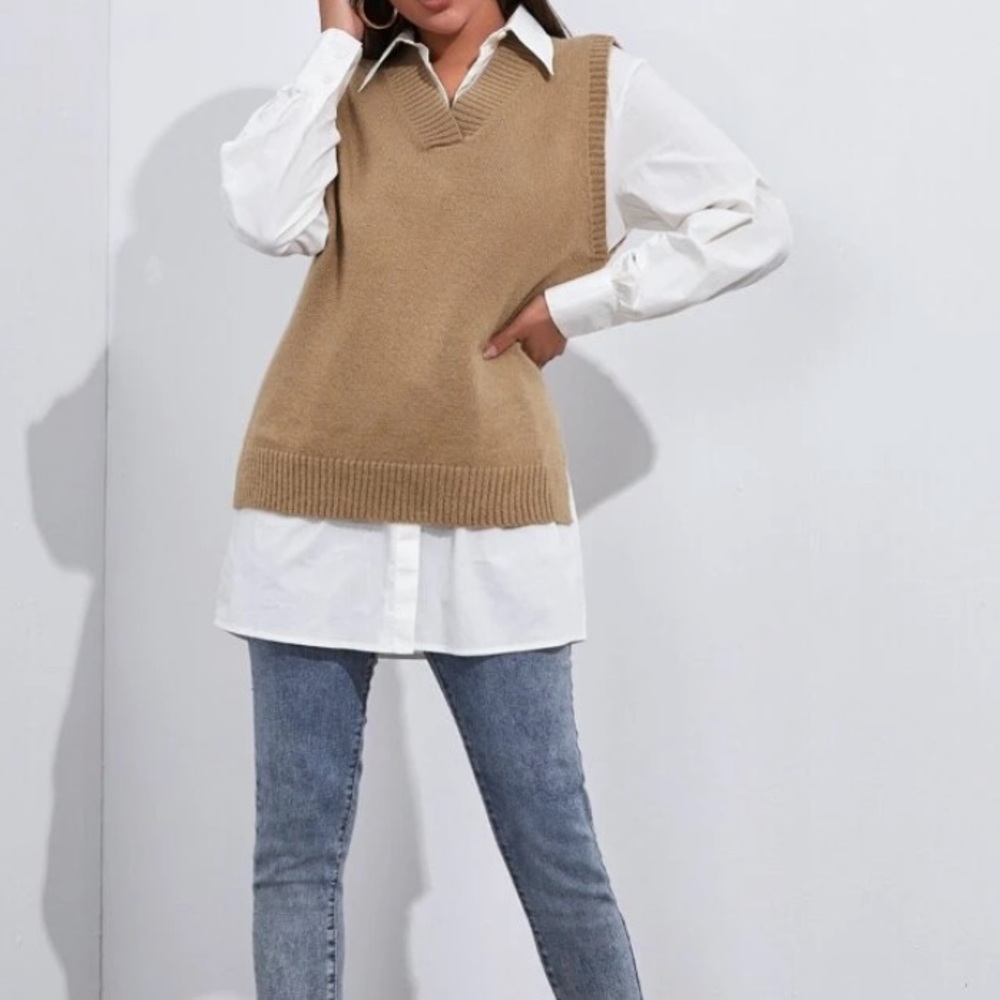tan v neck Sweater vest - Picture 2 of 6